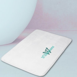Crisp White Teal Monogram Name Bath Mat