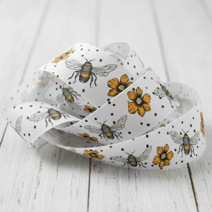 Crispy White Buzzing Bees & Cosmos Flower Blooms Grosgrain Ribbon