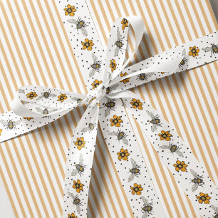 Crispy White Buzzing Bees & Cosmos Flower Blooms Grosgrain Ribbon