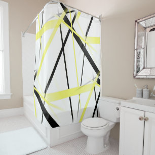 Criss Crossed Lemon Yellow and Black Stripes on Wh Shower Curtain