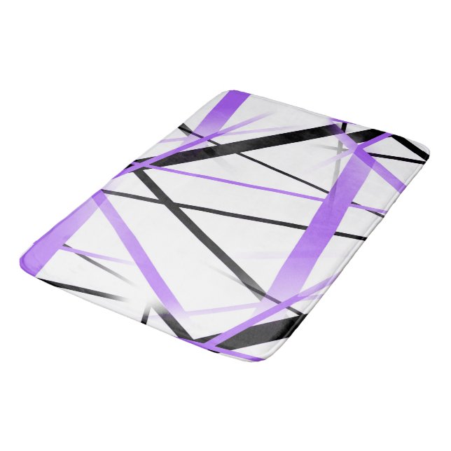 Criss Crossed Lilac and Black Stripes on White Bath Mat (Angled)
