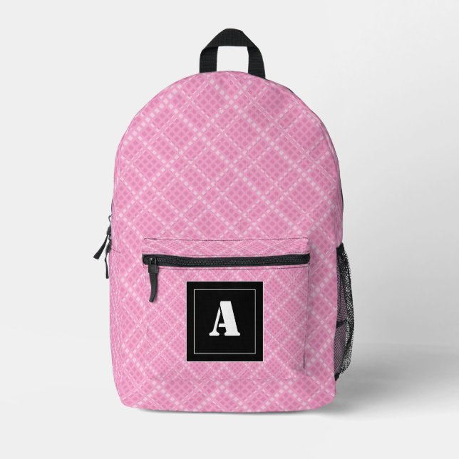 Crisscross Gingham Check Pink and White Monogram Printed Backpack (Front)