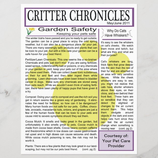 Critter Chronicles Newsletter - May/June 2011 Flyer (Front)
