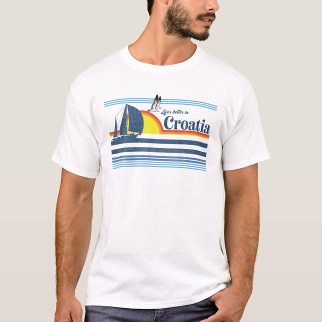 Croatia - Beach Retro 70S 80S Sailing Boat Sunset T-Shirt (Front)