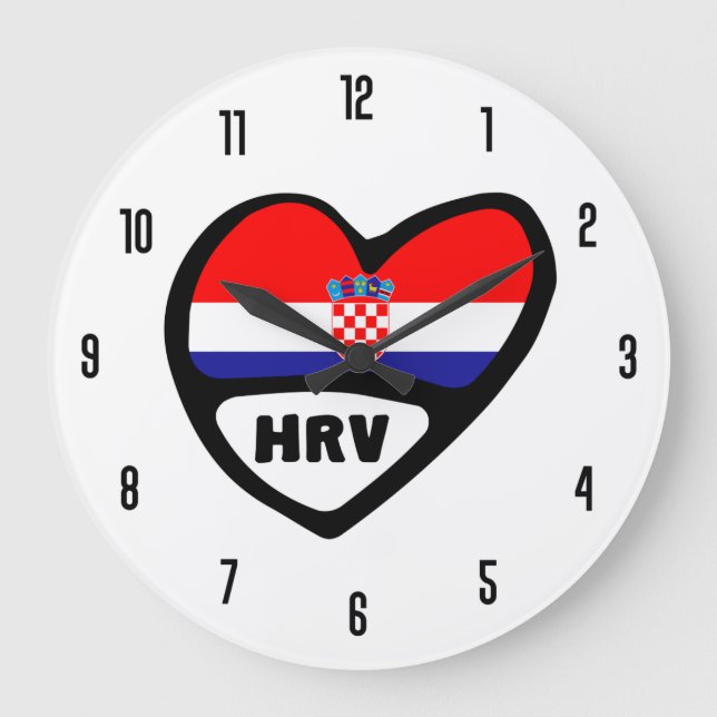 Croatia Country Code HRV Hrvatska Flag Heart Large Clock (Front)