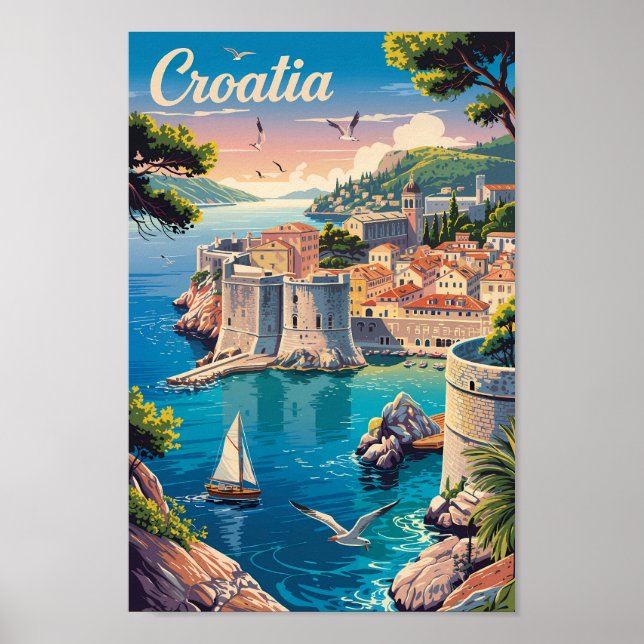 Croatia Dubrovnik Illustration Travel Art Vintage Poster (Front)