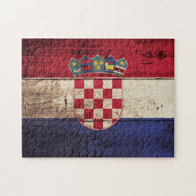 Croatia Flag on Old Wood Grain Jigsaw Puzzle (Horizontal)