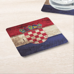 Croatia Flag on Old Wood Grain Square Paper Coaster