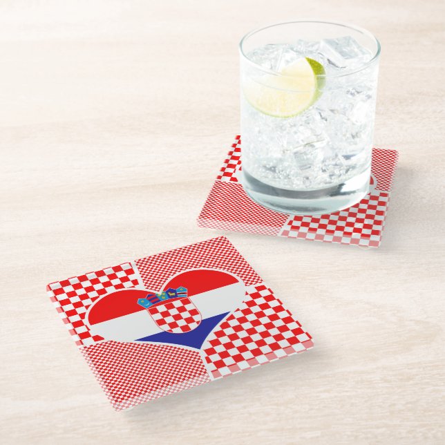 Croatian Flag in Heart Glass Coaster (Angled)