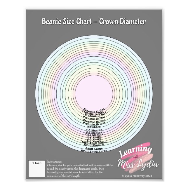 Crochet Beanie Size Chart For Educational Use Photo Print (Front)