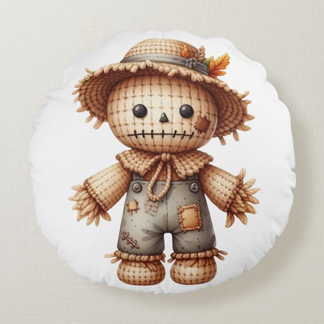 Crochet Cute Scarecrow Round Cushion (Front)