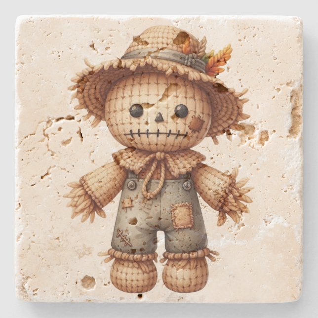 Crochet Cute Scarecrow Stone Coaster (Front)