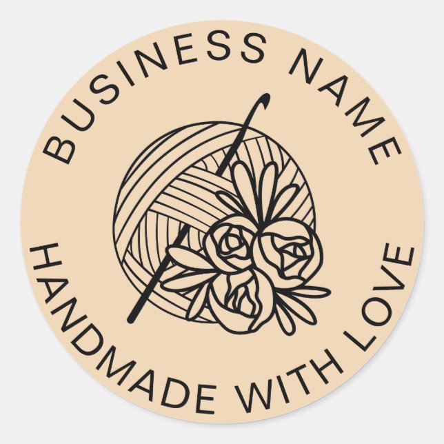 Crochet Handmade Custom Business Name Floral Classic Round Sticker (Front)