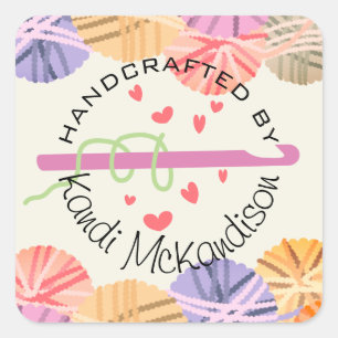 Crochet hook hearts yarn handmade with love square sticker