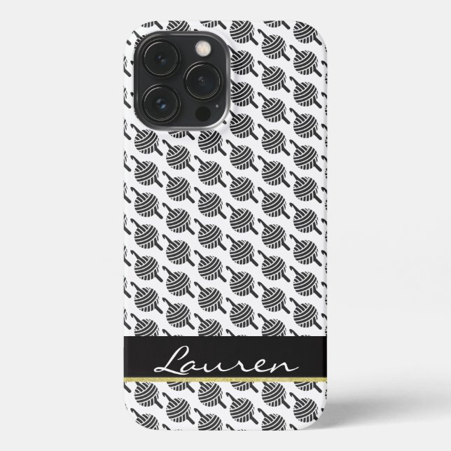 Crochet Hook + Yarn • Black & Gold Label + Text iPhone Case (Back)