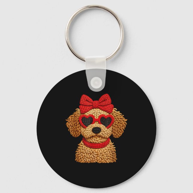 Crochet Puppy Heart Sungles Red Bow Valentines Day Key Ring (Front)