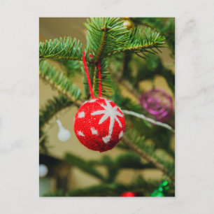 Crochet red Christmas bauble Holiday Postcard