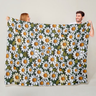 Crochet White Daisies Spring Wildflowers Fleece Blanket