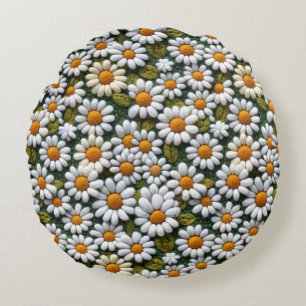 Crochet White Daisies Spring Wildflowers Round Cushion