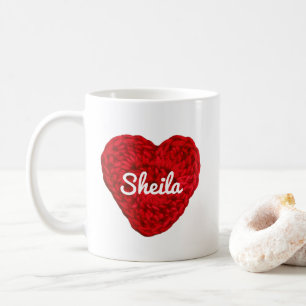 Crochet Yarn Heart + Name Red Coffee Mug