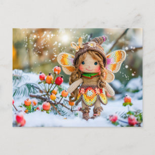 Crocheted Fairy Doll with Snow and Rosehips Holiday Postcard