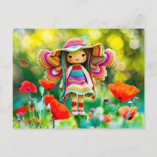 Crocheted Fairy with Red poppy Flowers Holiday Postcard