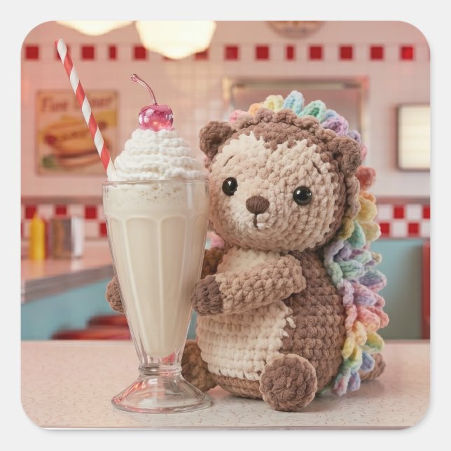 Crocheted Hedgehog and Milkshake at Retro Diner Square Sticker (Front)