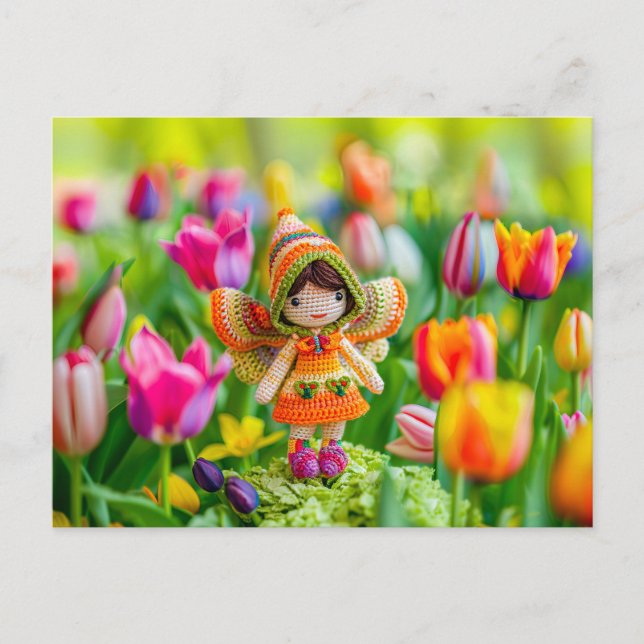 Crocheted Little Fairy with Tulips Holiday Postcard (Front)