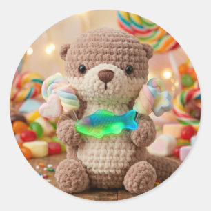 Crocheted Otter and Gummi Fish Themed Candy Land Classic Round Sticker