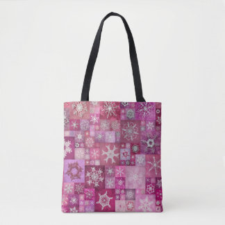 Crocheted Snowflakes Pink Digital Patchwork Tote Bag