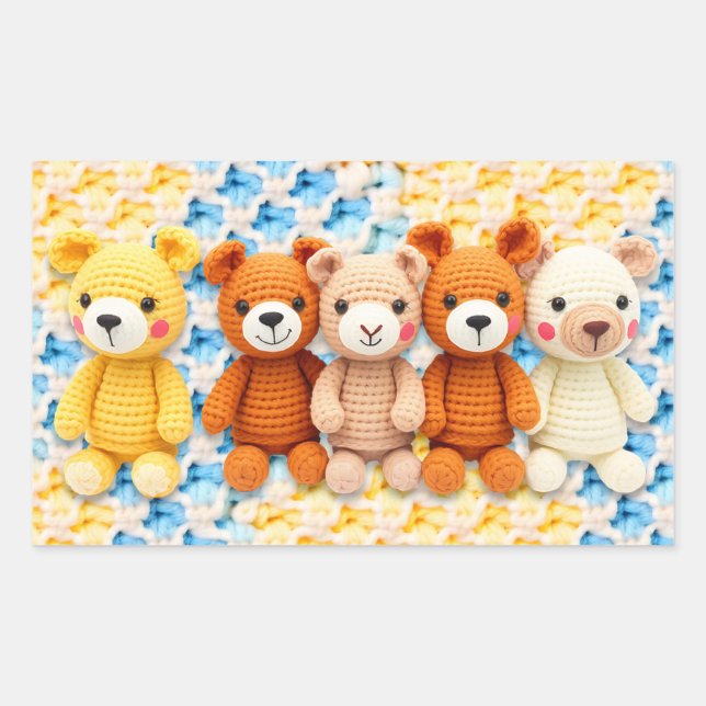 Crocheted Stuffed Animals Blue and Yellow Rectangular Sticker (Front)