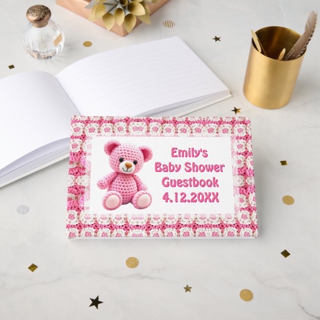  Crocheted Teddy Bear Girl's Baby Shower Guest Book (Front Open)