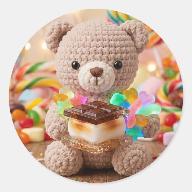 Crocheted Teddy Bear with S'more Candy Land   Classic Round Sticker (Front)