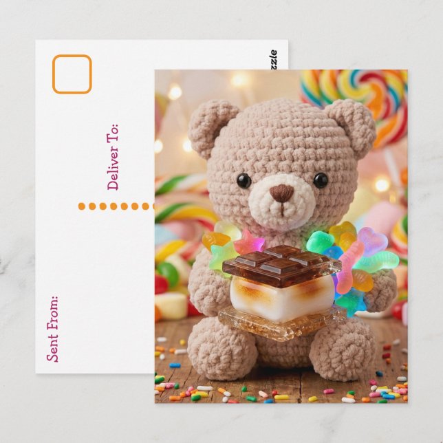 Crocheted Teddy Bear with S'more | Saying Hi Postcard (Front/Back)