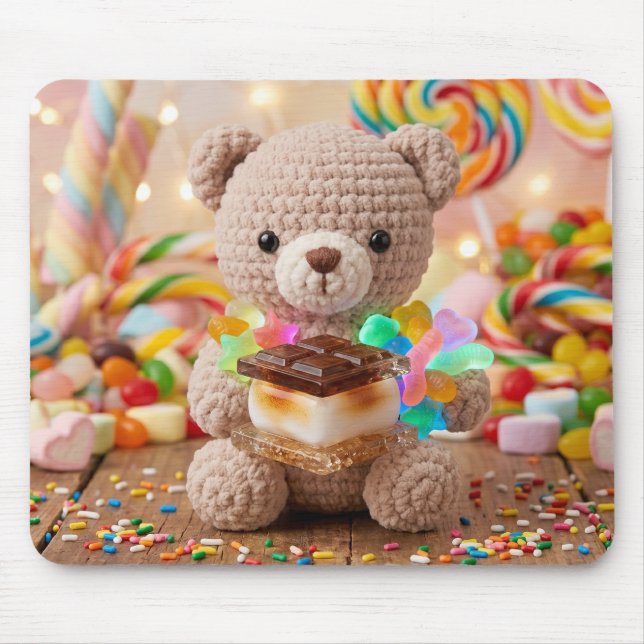Crocheted Teddy Bear with S'more Whimsical Mouse Pad (Front)