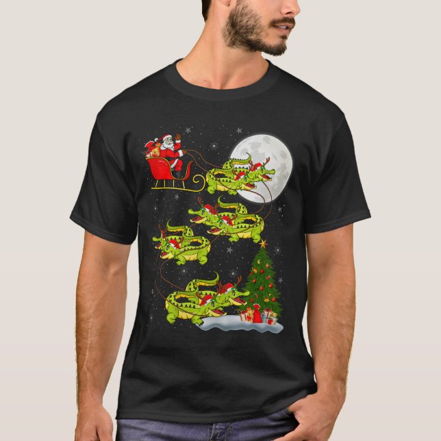 Crocodile Alligators Santa Sleigh Flying Funny Chr T-Shirt (Front)