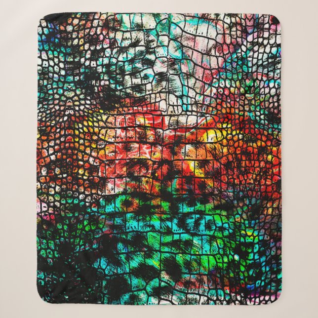 Crocodile and leopard pattern with colourful abstr sherpa blanket (Front)