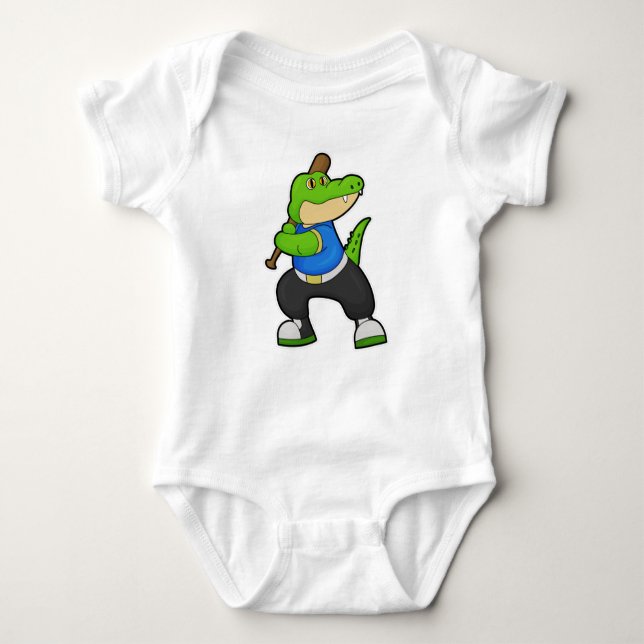 Crocodile at Baseball with Baseball bat Baby Bodysuit (Front)