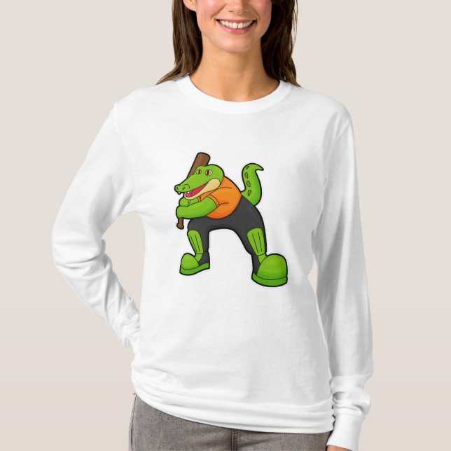 Crocodile at Cricket with Cricket bat T-Shirt (Front)