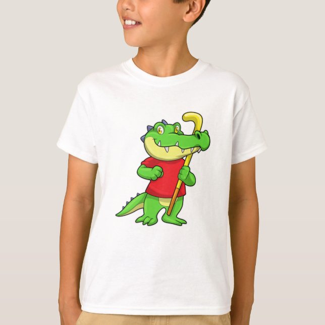Crocodile at Field hockey with Hockey stick T-Shirt (Front)