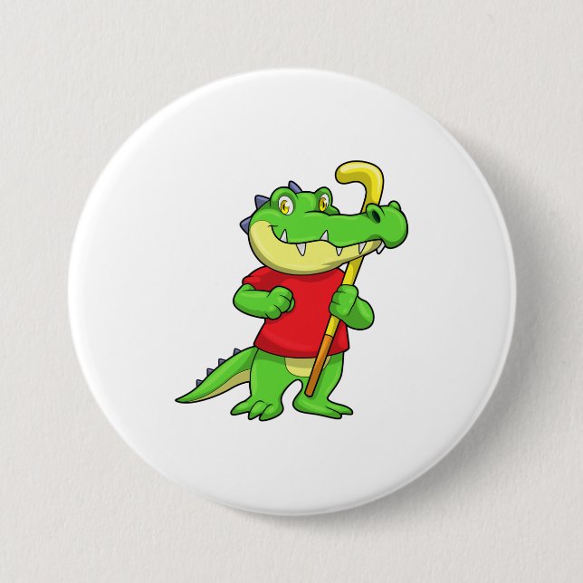 Crocodile at Field hockey with Stick 7.5 Cm Round Badge (Front)