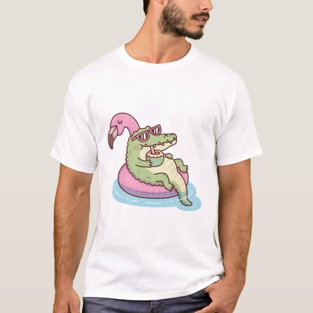 Crocodile Chilling On Flamingo Pool Float T-Shirt (Front)