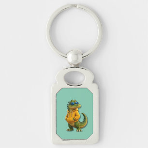 Crocodile in Yellow Hoodie Mint Green Metal keych Key Ring