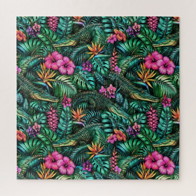 Crocodile Jungle Dreams Seamless Surface Pattern Jigsaw Puzzle (Vertical)