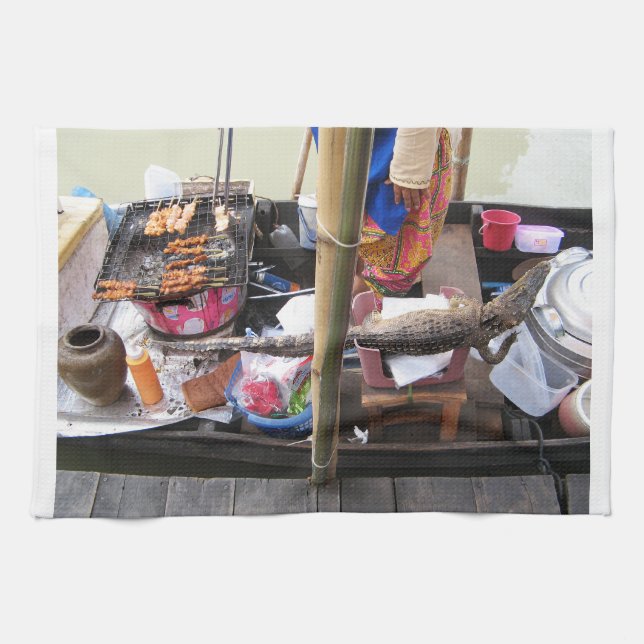 Crocodile Meat BBQ ... Thailand Street Food Tea Towel (Horizontal)