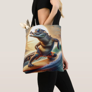 Crocodile On a Surfboard Tote Bag