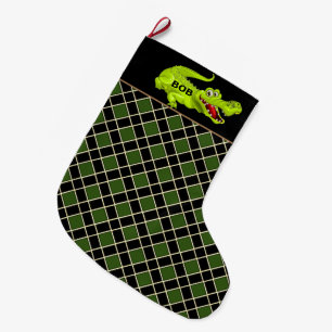 Crocodile on Black & Green Diamond Pattern Large Christmas Stocking