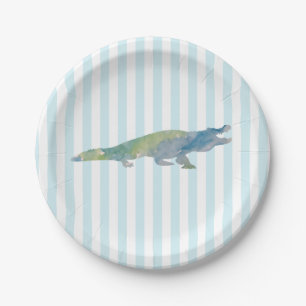 Crocodile Painting Blue Stripe Paper Plate