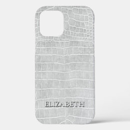 Crocodile Pearl Grey Faux Leather Personalise Name iPhone 12 Case