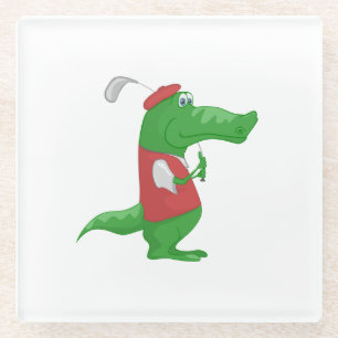 Crocodile playing golf cartoon glass coaster